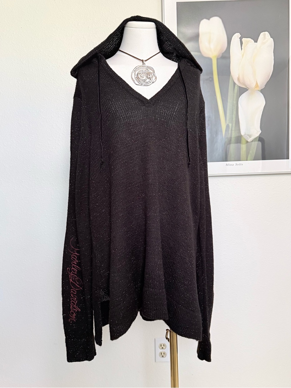 Harley Davidson Metallic Knit V Neck Hoodie Indie Sleaze Alt Grunge